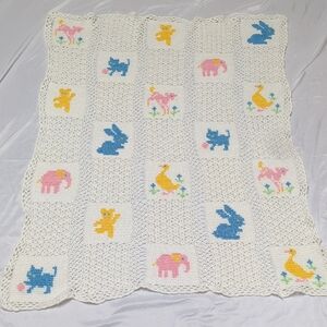 Handmade Crochet, Knit & Embroidered Baby Infant Blanket 33"X41" Bunny Cat Duck